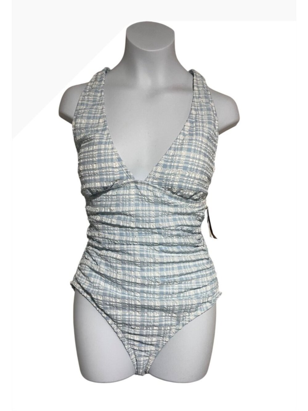 Shade & Shore Gingham Pucker Plunge Full Coverage One Pc Swimsuit Womens S 4/6